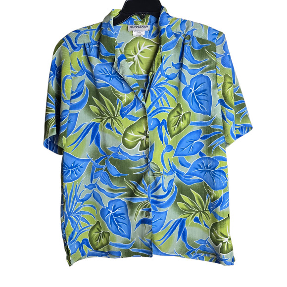Donnkenny Classics Shirt Women Large Blue Green Hawaiian Camp Button Front - Picture 1 of 10